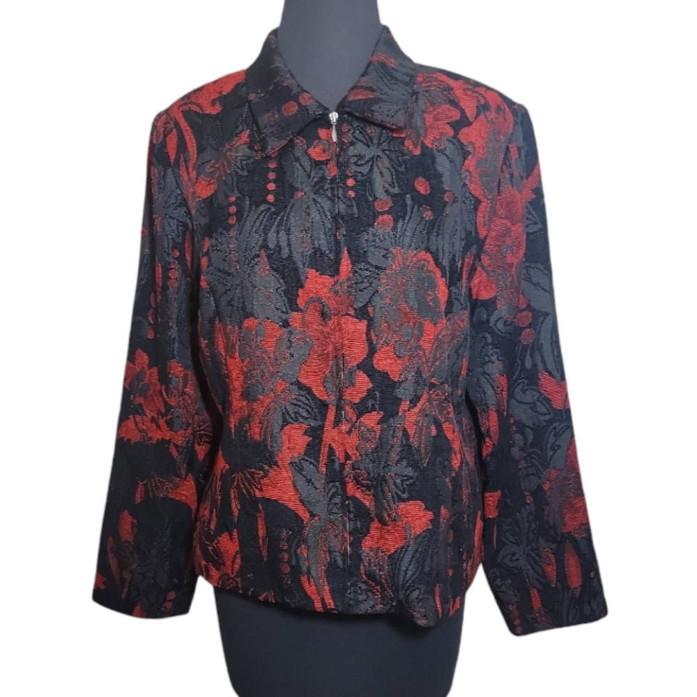 Christopher & Banks floral tapestry zip front blazer women's large red black